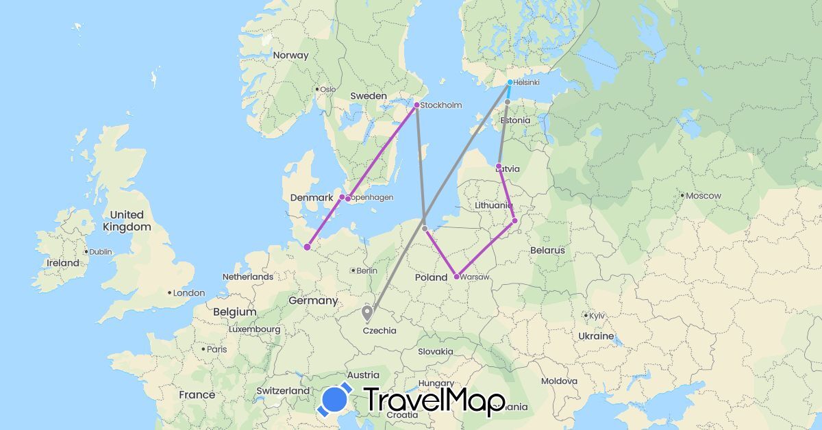 TravelMap itinerary: plane, train, boat in Czech Republic, Germany, Denmark, Estonia, Finland, Lithuania, Latvia, Poland, Sweden (Europe)